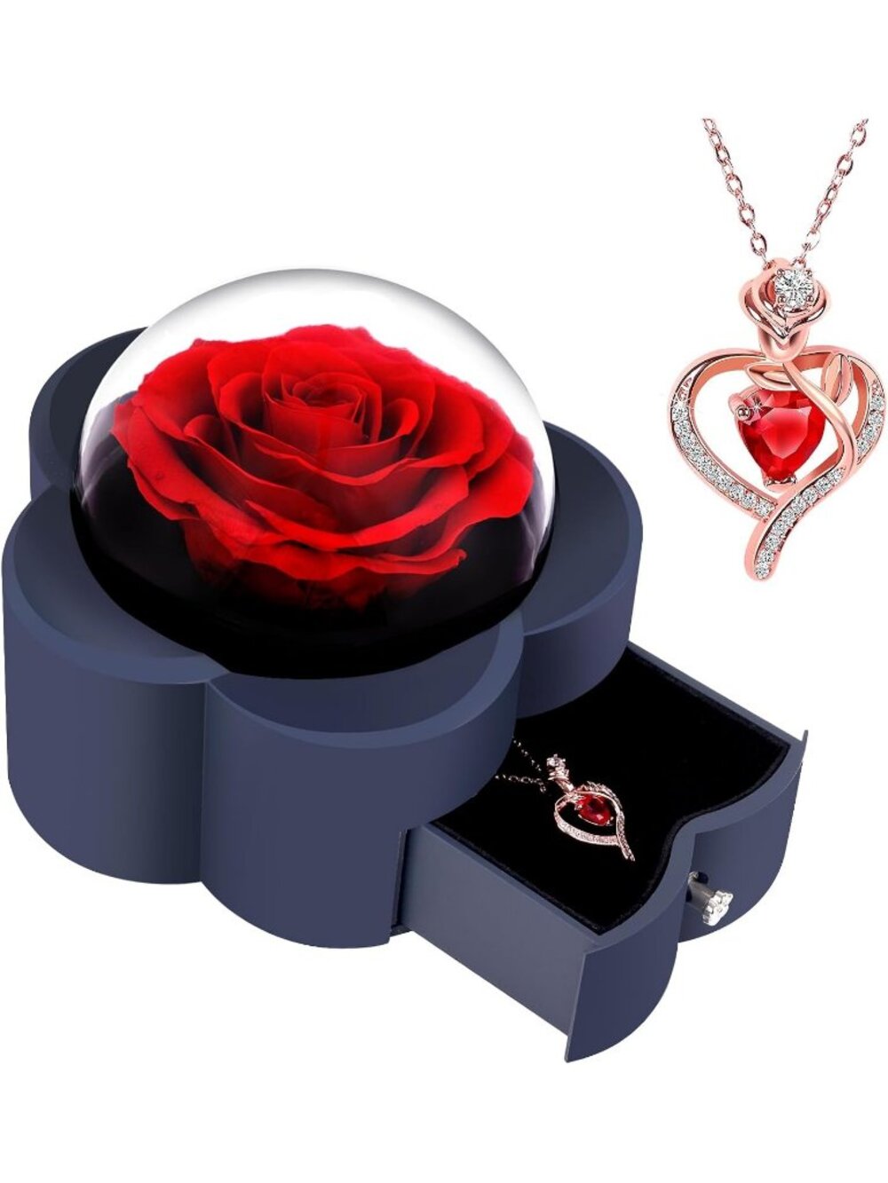 Women's Red Preserved Rose Christmas Day Eternal Flower Gift Heart Necklace
